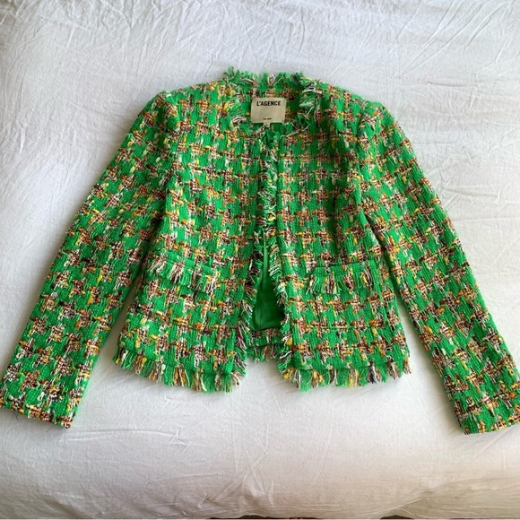 L’agence Angelina Tweed Open Front Pocket Blazer Suit Jacket Green Houndstooth - Picture 3 of 8